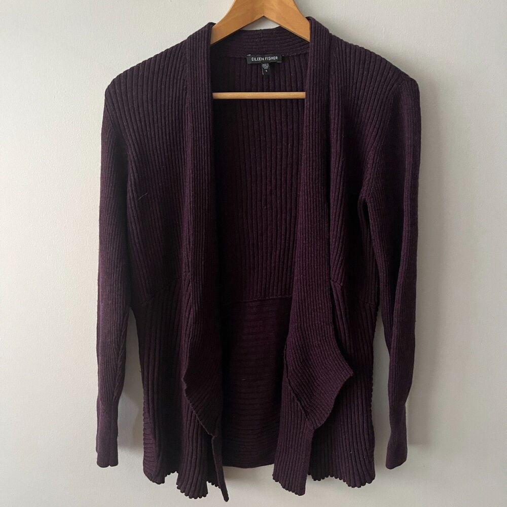Eileen Fisher Open Front Ribbed Merino Wool Cardigan Sweater Purple Size S